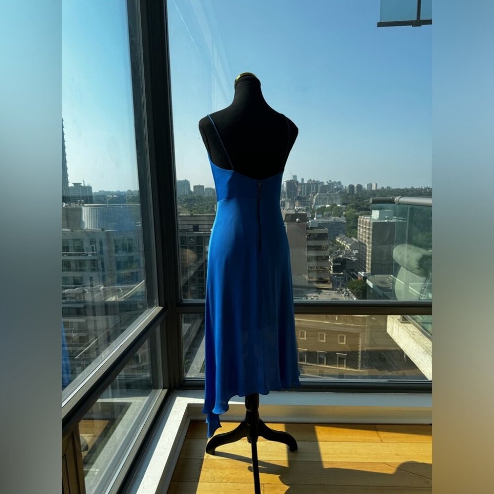 🆕 ALICE + OLIVIA 🧿 NWT Alita Spaghetti Strap Drape Asymmetrical Dress Blue Sz4 - Picture 13 of 16
